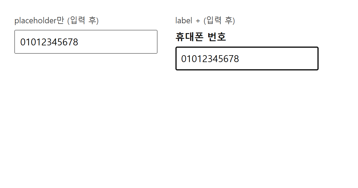 값을 입력한 뒤의 placeholder-only 입력창(레이블 없음)과 label이 남아 있는 입력창을 Chromium으로 렌더링한 캡처
